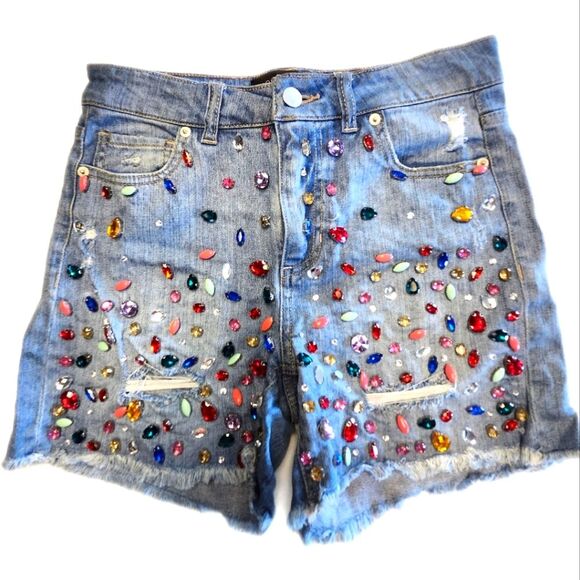 Boston Proper Embellished Light Blue Wash Denim Jean Shorts, 2 - Picture 1 of 6